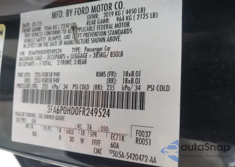 2015 Ford Fusion Se z USA, uszkodzony, nr VIN 3FA6P0HD0FR249524